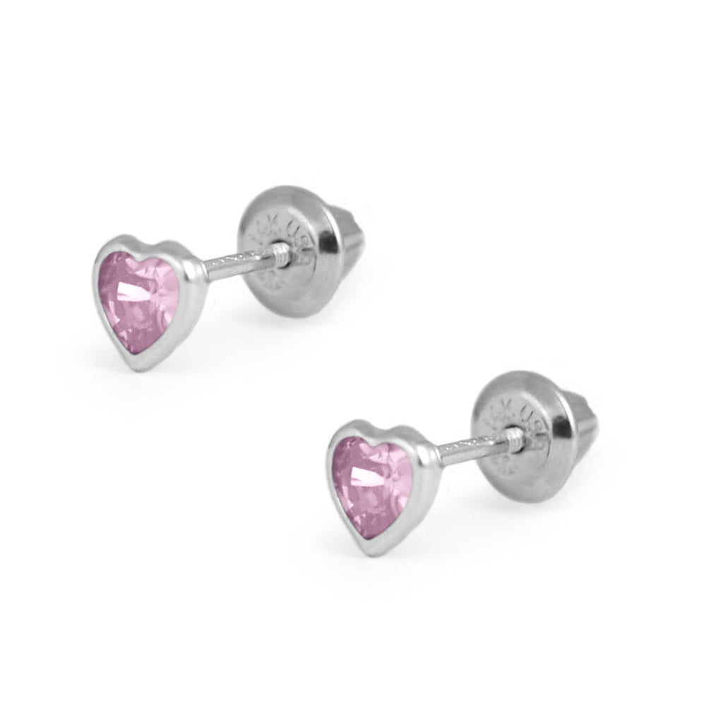 Kids 14K White Gold Pink C.Z. Heart Screw Back Earrings For Girls 1