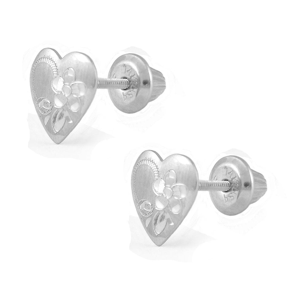 Girl's 14K White Gold Etched Flower Design Heart Screw Back Earring Studs 1