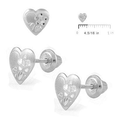 Girl's 14K White Gold Etched Flower Design Heart Screw Back Earring Studs 2