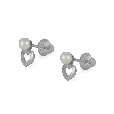 Kids 14K Yellow/White Gold Open Heart Pearl Screw Back Earrings 1