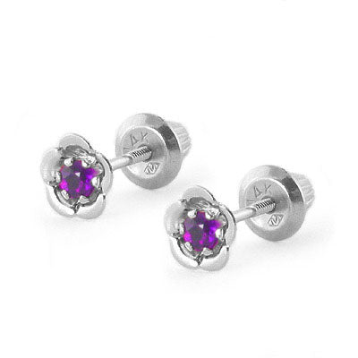 14K White Gold February Birthstone Amethyst Flower Baby Girl Earrings 1