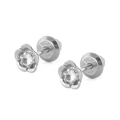 14K White Gold Flower Genuine White Topaz April Birthstone Baby Studs 1