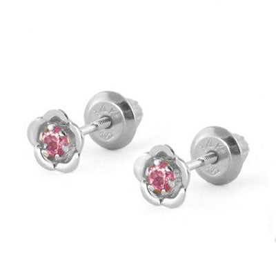 14K White Gold June Birthstone Rhodolite Flower Baby Girls Earrings 1