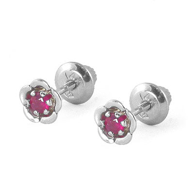 14K White Gold July Birthstone Ruby Flower Shape Baby Girls Earrings 1