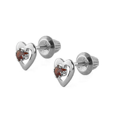 14K White Gold Heart Birthstone Screw Back Stud Earrings For Girls