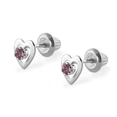 14K White Gold Heart Birthstone Screw Back Stud Earrings For Girls