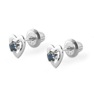 14K White Gold Heart Birthstone Screw Back Stud Earrings For Girls