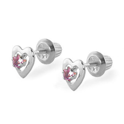 14K White Gold Heart Birthstone Screw Back Stud Earrings For Girls