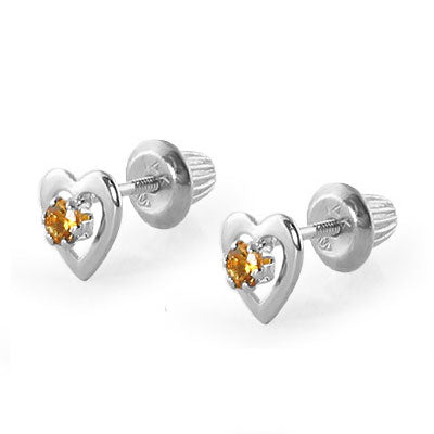 14K White Gold Heart Birthstone Screw Back Stud Earrings For Girls