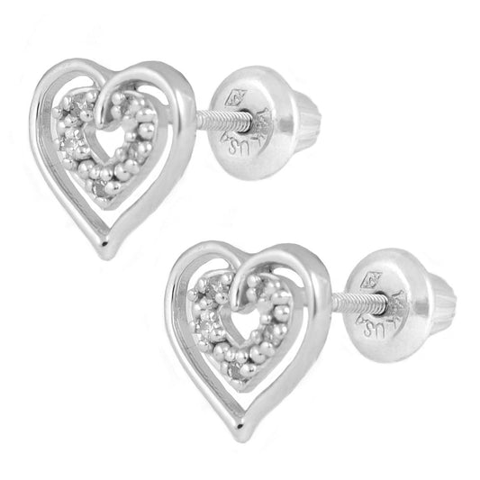 14K White Gold Diamond Open Heart Screw Back Stud Earrings For Girls 1