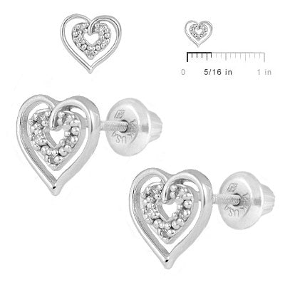 14K White Gold Diamond Open Heart Screw Back Stud Earrings For Girls 2