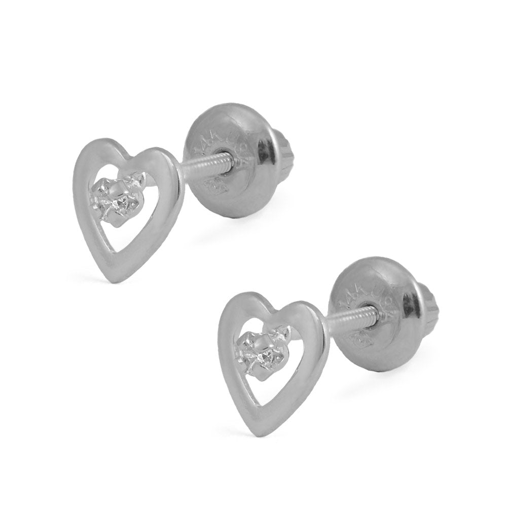 14K Yellow Or White Gold Diamond Heart Screw Back Stud Earrings For Girls