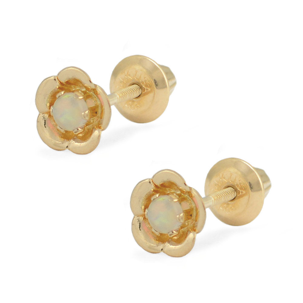 Girl's 14K Yellow Gold Genuine Opal Screw Back Earrings - October Birthstone 1