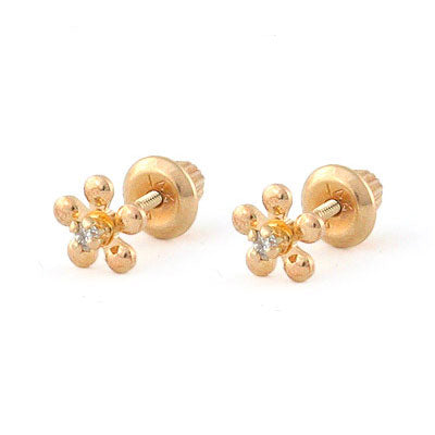 14K Yellow Gold Diamond Flower Screw Back Stud Earrings For Girls 1