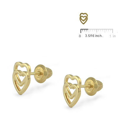 14K Yellow Gold Double Open Hearts Screw Back Stud Earrings For Girls 2