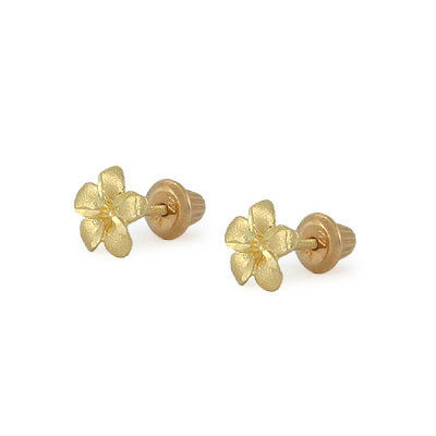 14K Yellow/White Gold Plumeria Flower Screw Back Girls Stud Earrings 1