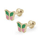 Girls Silver Or 14K Yellow Gold Pink/Green Enamel Butterfly Screw Back Earrings