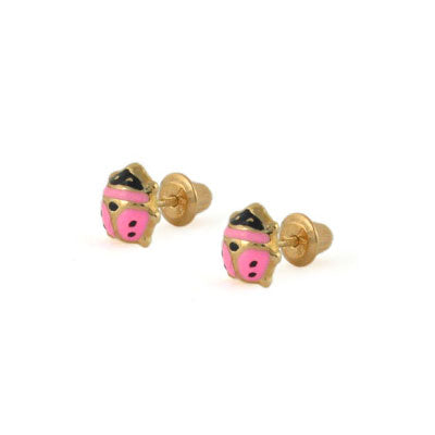 14K Yellow Gold Pink Enamel Ladybug Screw Back Stud Earrings For Girls 1