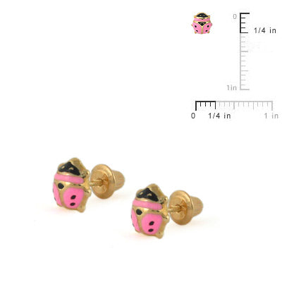 14K Yellow Gold Pink Enamel Ladybug Screw Back Stud Earrings For Girls 2