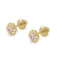 Girl's Gold Or Silver Pink Cubic Zirconia Flower Screw Back Earrings