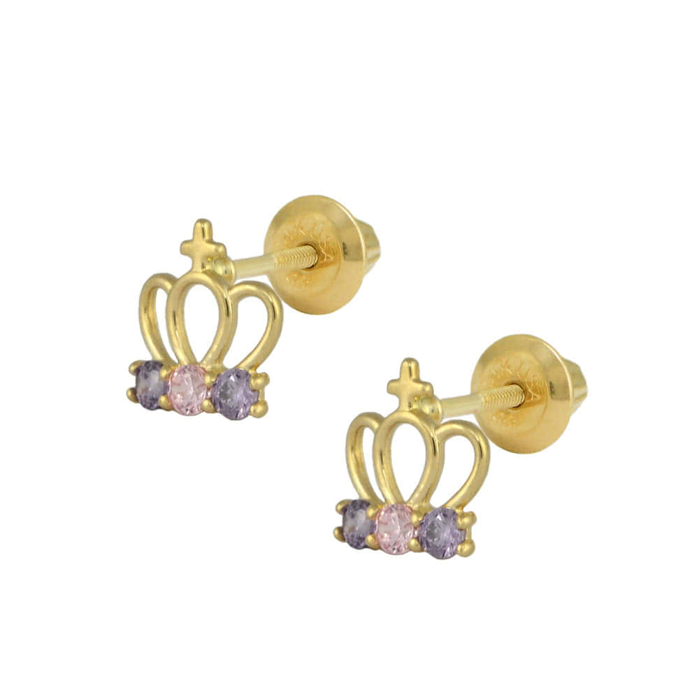 14K Yellow Gold Pink/Purple CZ Crown Screw Back Earrings For Girls 1