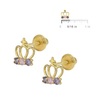 14K Yellow Gold Pink/Purple CZ Crown Screw Back Earrings For Girls –