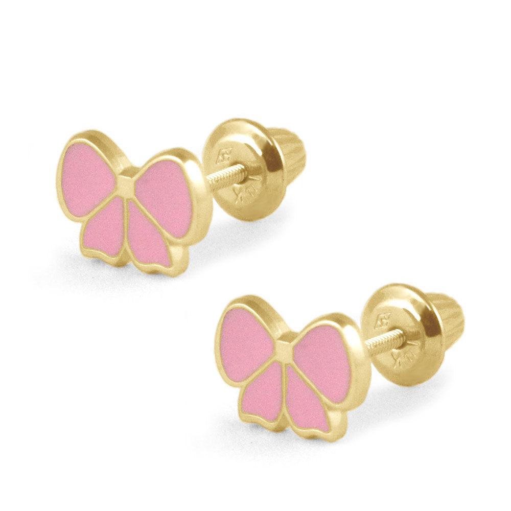 Yellow Gold Or Silver Pink Enamel Bow Screw Back Stud Earrings For Girls