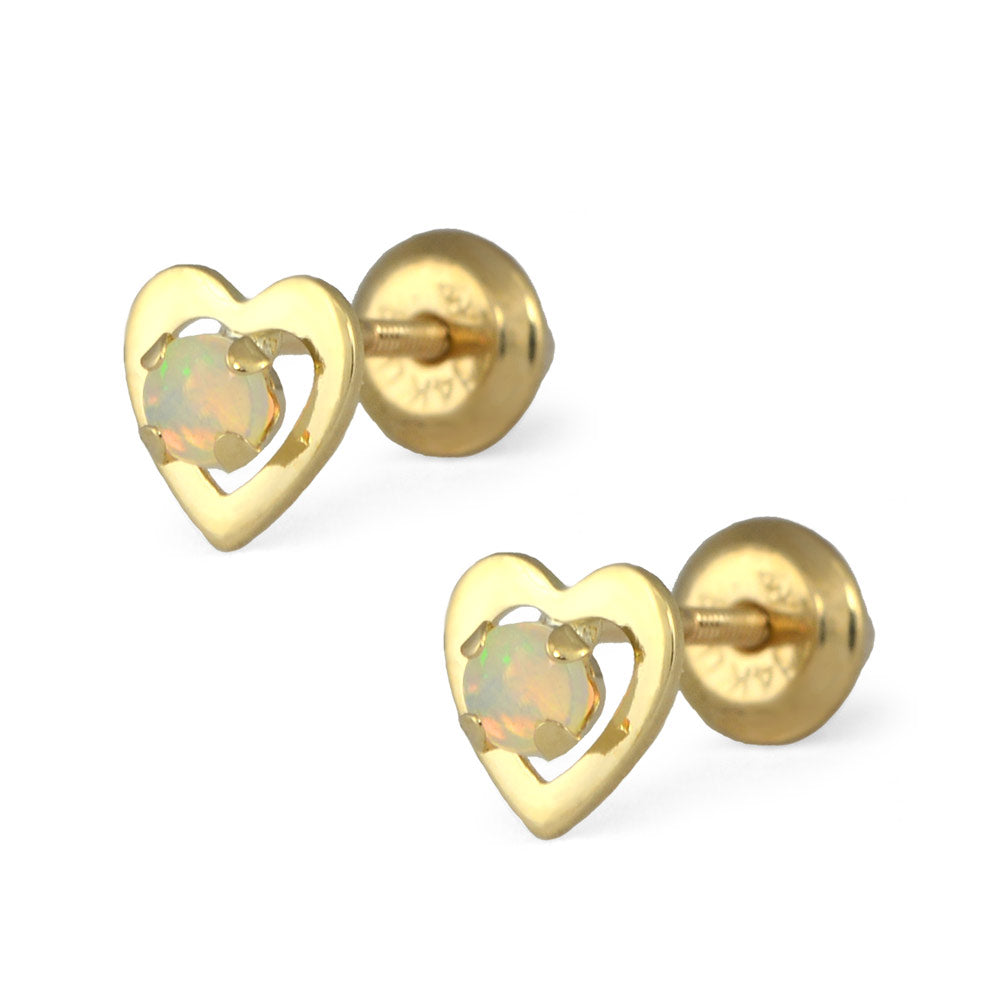 14K Yellow Gold Genuine Opal Heart Screw Back Stud Earrings For Girls 1