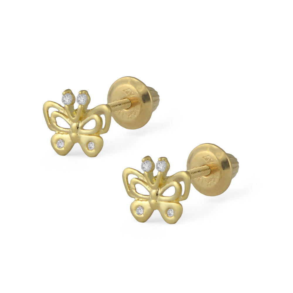 Girls Jewelry - 14K Yellow Gold Butterfly White CZ Screw Back Earrings 1