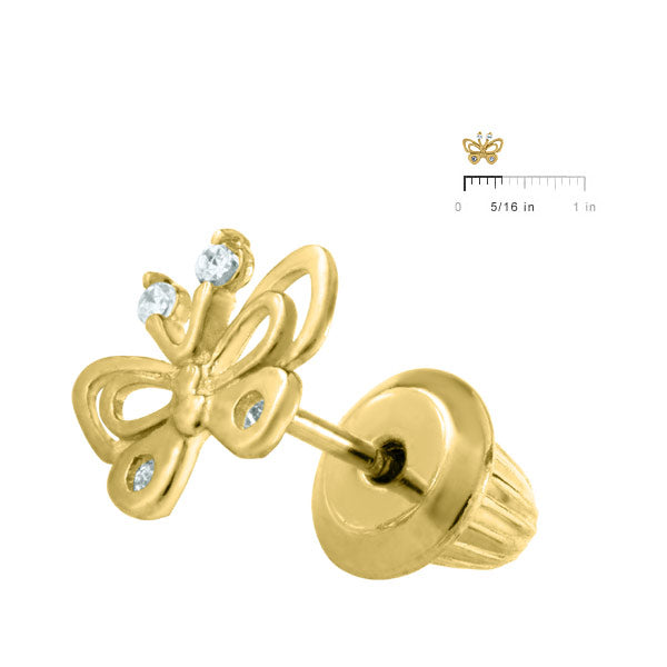 Girls Jewelry - 14K Yellow Gold Butterfly White CZ Screw Back Earrings 2