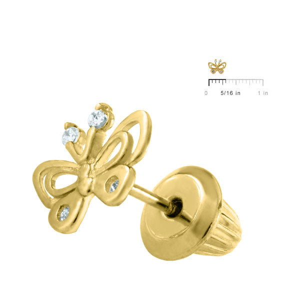 Girls Jewelry - 14K Yellow Gold Butterfly White CZ Screw Back Earrings