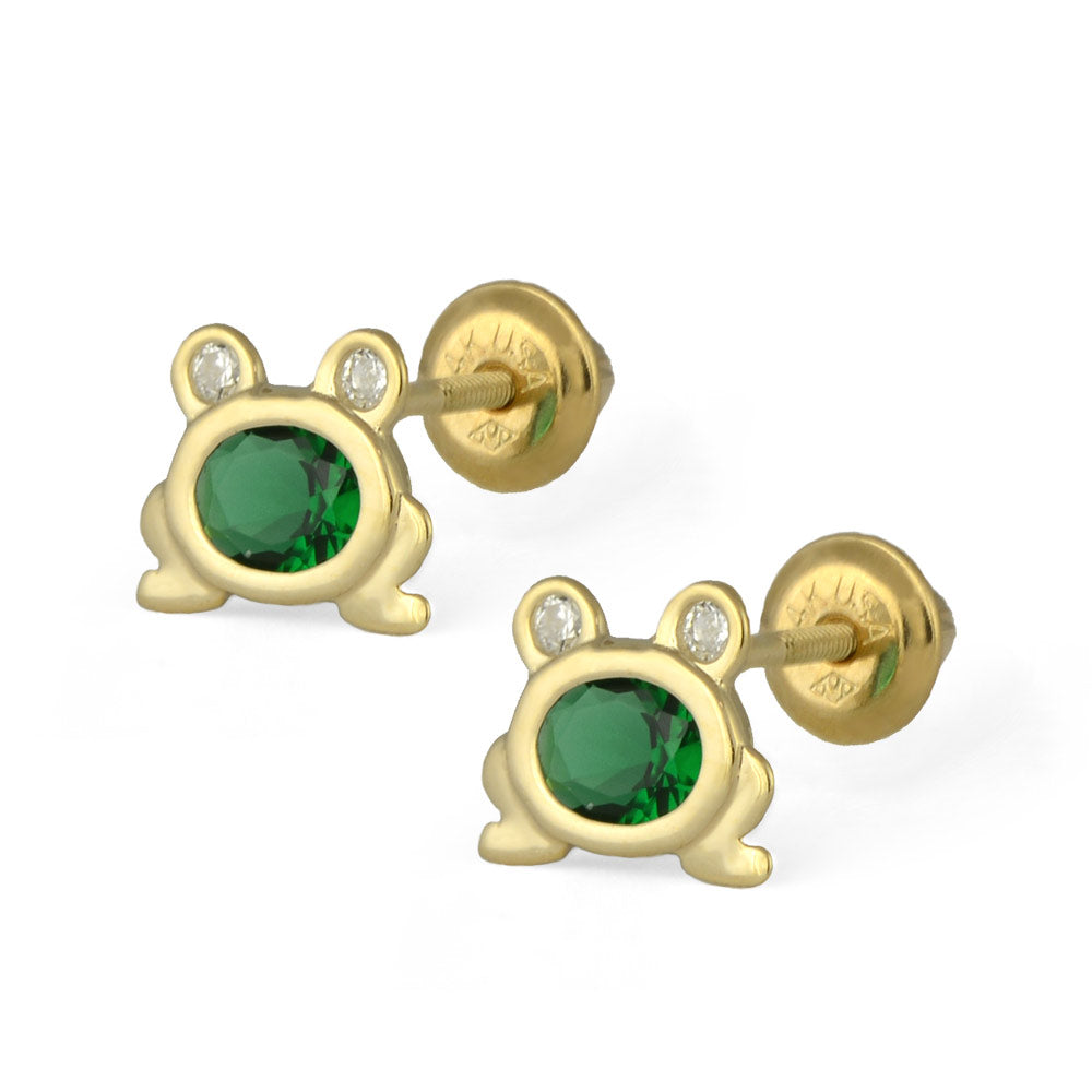 Kids Jewelry For Girls - 14K Yellow Gold CZ Frog Screw Back Earrings 1