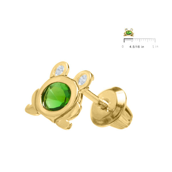 Kids Jewelry For Girls - 14K Yellow Gold CZ Frog Screw Back Earrings 2