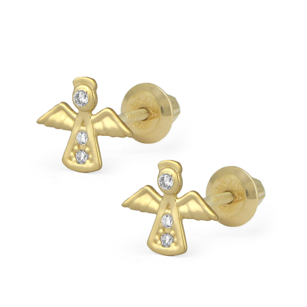 Kids 14K Yellow Gold White CZ Angel Screw Back Earring Studs For Girls 1