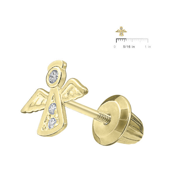 Kids 14K Yellow Gold White CZ Angel Screw Back Earring Studs For Girls 2