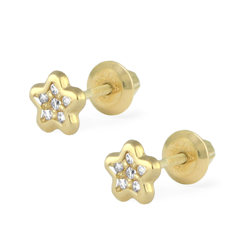 14K Yellow Gold White CZ Star Screw Back Earrings For Children Of Ages 1