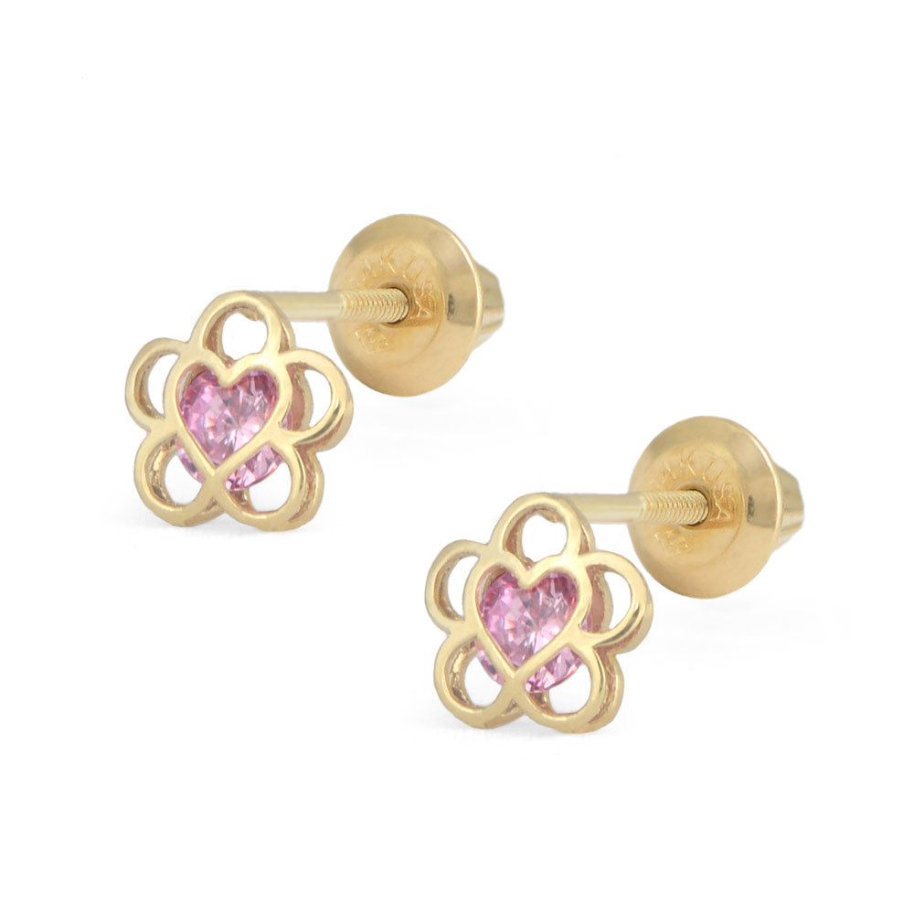 14K Yellow Gold Pink CZ Open Flower Screw Back Earrings For Girls 1