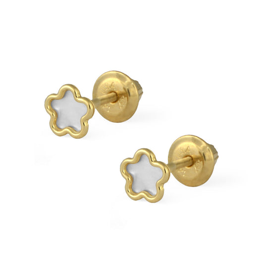 Girls 14K Yellow Gold Flower Shape Mother Of Pearl Screw Back Earrings 1