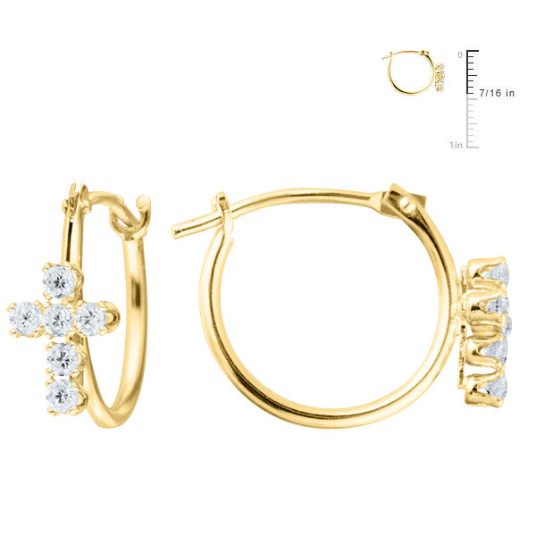 Child & Teen Jewelry - 14K Yellow Gold CZ Cross Girls Hoop Earrings 2