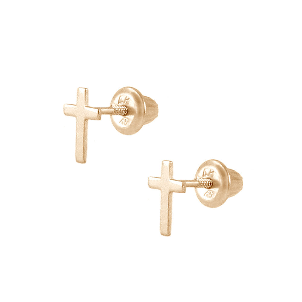 Children 14K Yellow Gold White CZ Cross Screw Back Earrings For Girls