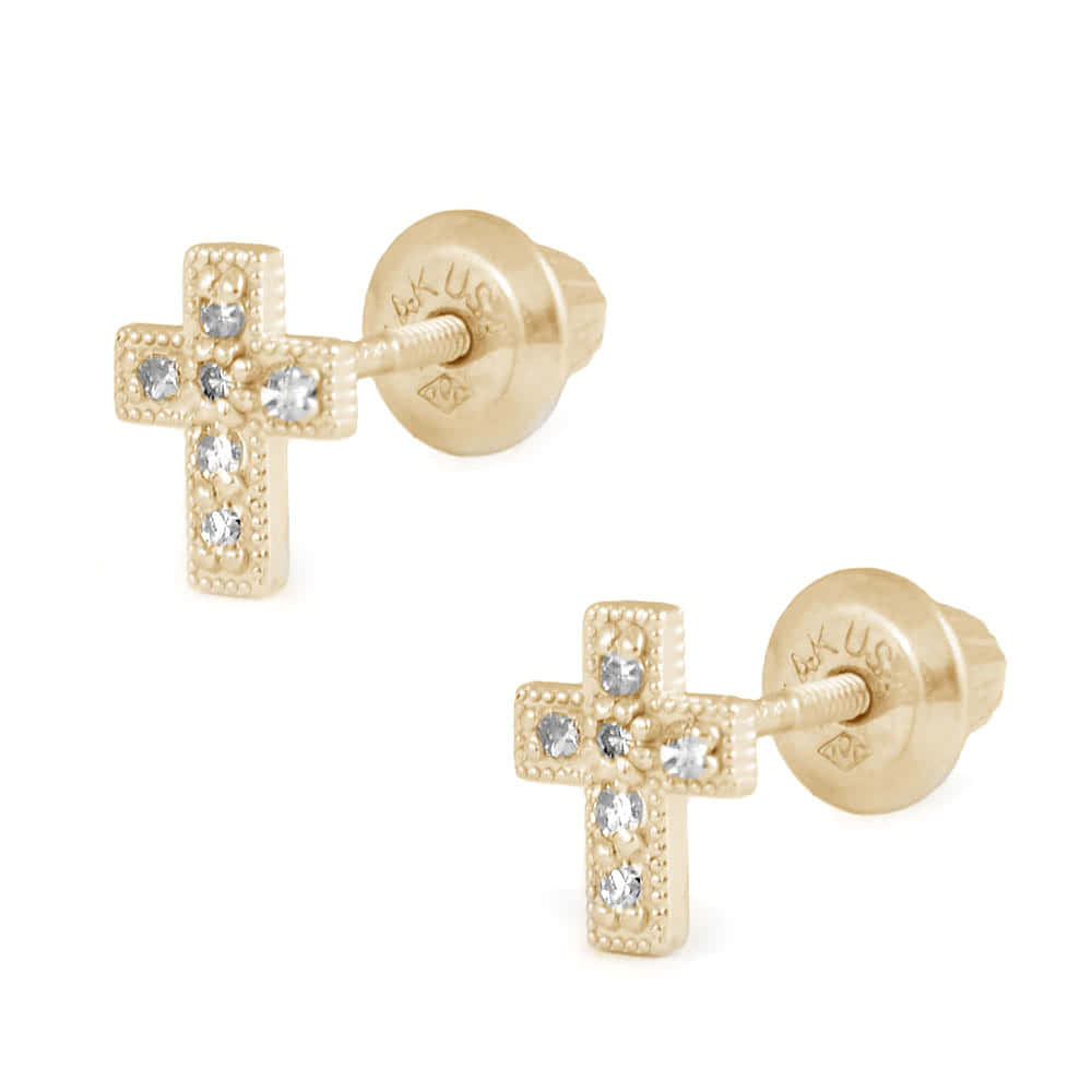 Girls Jewelry - 14K Yellow/White Gold Diamond Cross Screw Back Stud Earrings 1