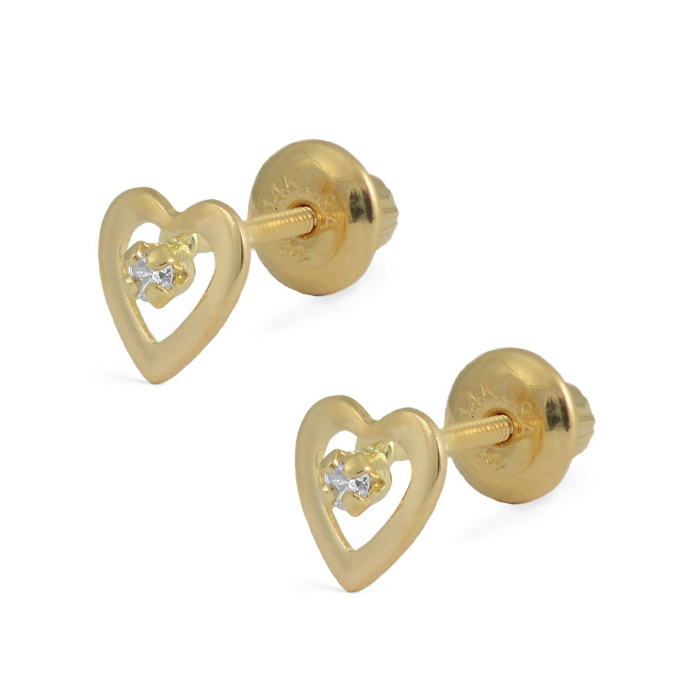 14K Yellow Or White Gold Diamond Heart Screw Back Stud Earrings For Girls 1