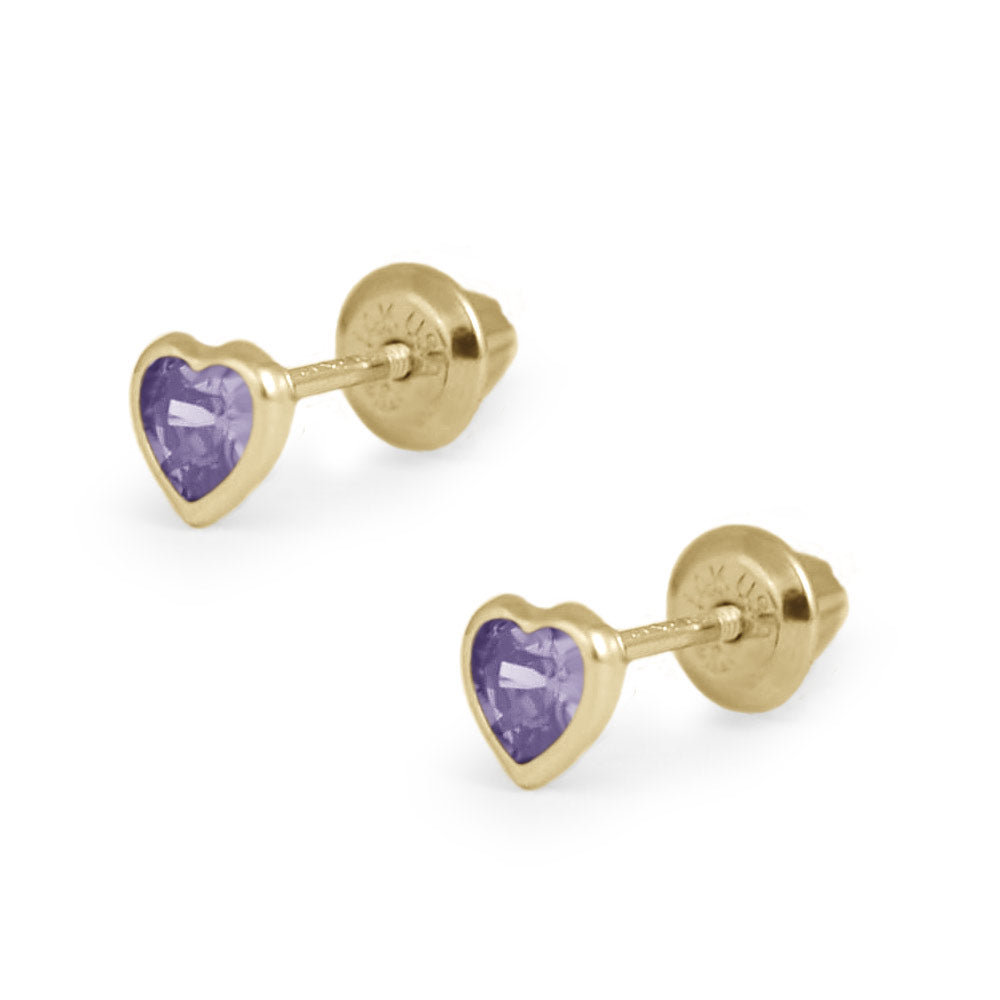 Girl's 14K Yellow Gold Simulated Birthstone Heart Shape Screw Back Stud Earrings