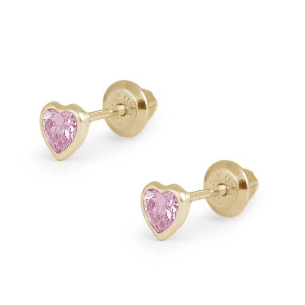 Girl's 14K Yellow Gold Simulated Birthstone Heart Shape Screw Back Stud Earrings 1