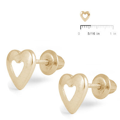 Girls Jewelry - 14K Yellow Gold Open Heart Screw Back Stud Earrings 2