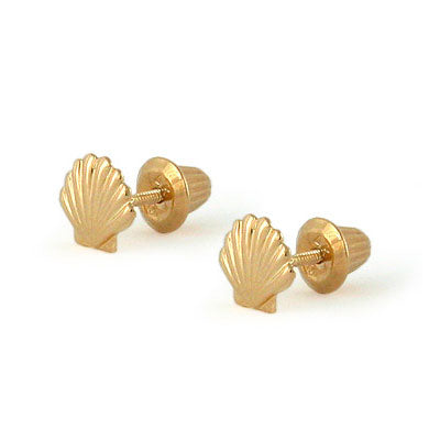 Girl's Jewelry - 14K Yellow Gold Seashell Screw Back Stud Earrings 1