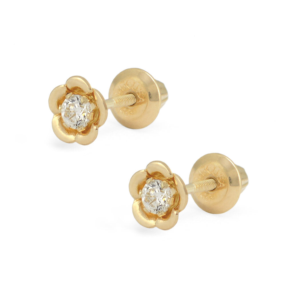 Little Girl 14K Yellow Gold Or Silver CZ Flower Shaped Screw Back Stud Earrings 1