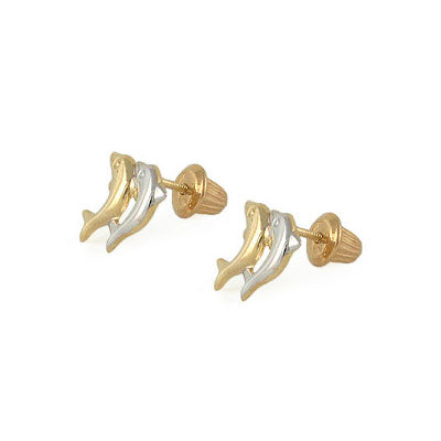 Children's 14K Two-Tone Gold Double Dolphin Stud  Screw Back Earrings 1