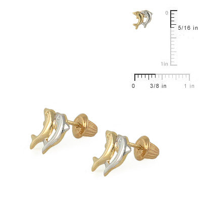 Children's 14K Two-Tone Gold Double Dolphin Stud  Screw Back Earrings 2