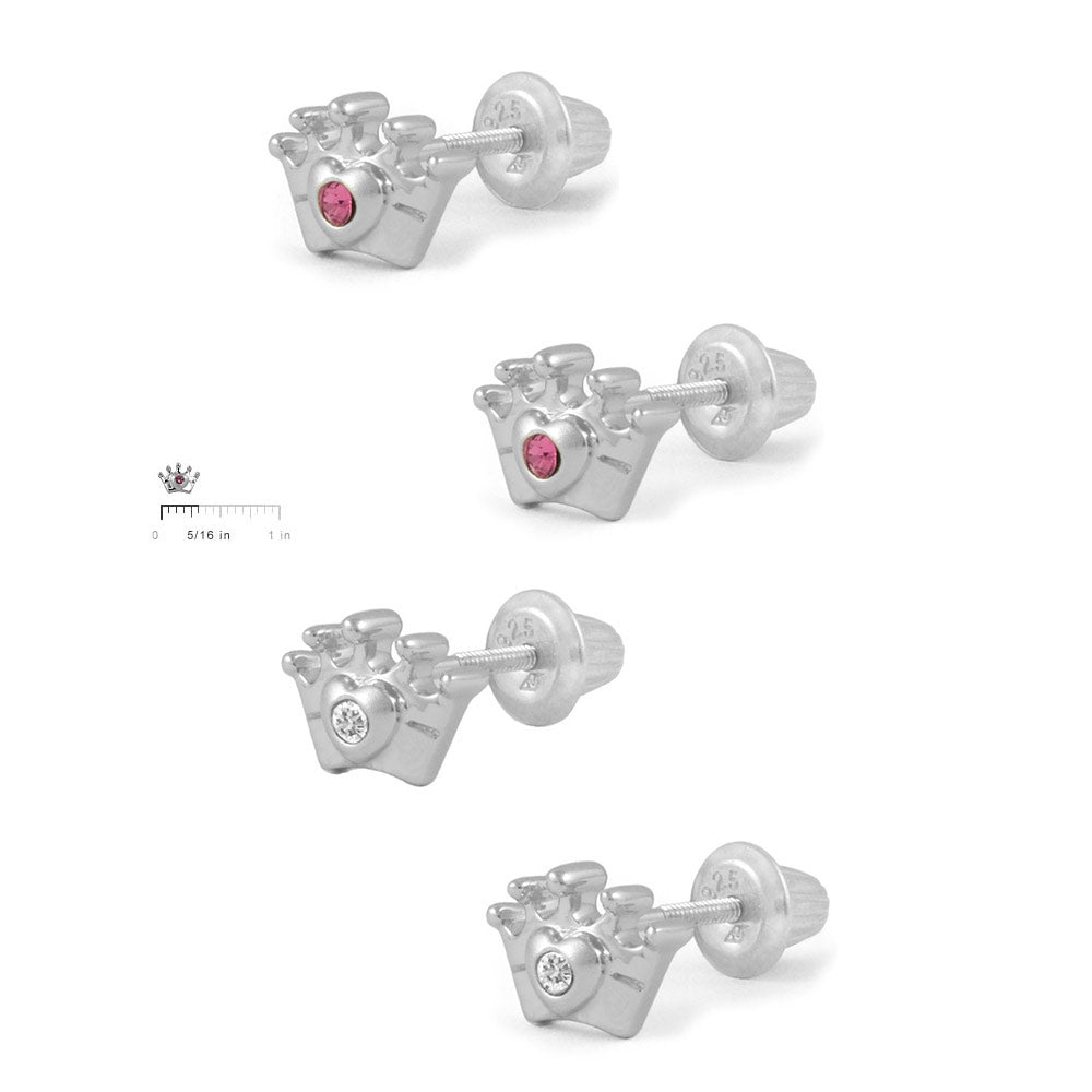 Girl's Jewelry - Silver Diamond Or Pink CZ Princess Crown Screw Back Earrings 2